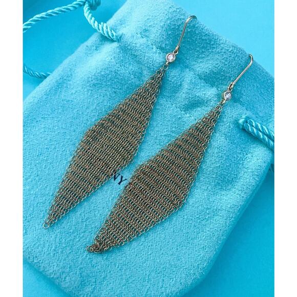 Tiffany & Co. 18k Gold Peretti Diamond Drop Dangle Mesh Scarf Hook Earrings 3” - Picture 6 of 10